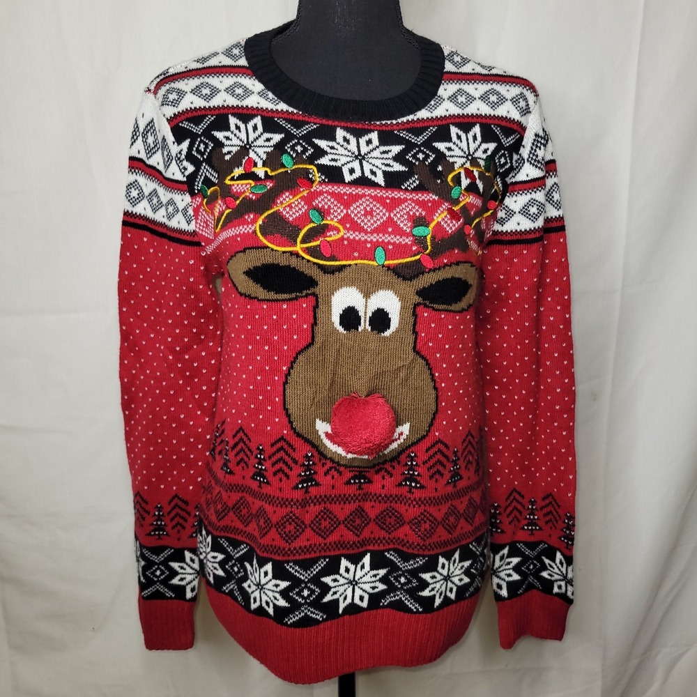 Ugly Reindeer Christmas Sweater w/ 3D Pom Pom Nose‎